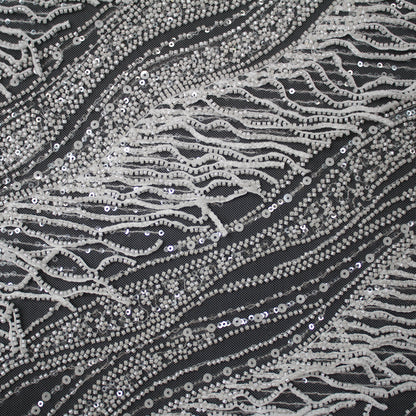 Haute Couture Tulle | All-Over Embroidered Tulle with Abstract Wavy Diagonal Bands, Sequins & Seed Bead Fringes | TRW4071