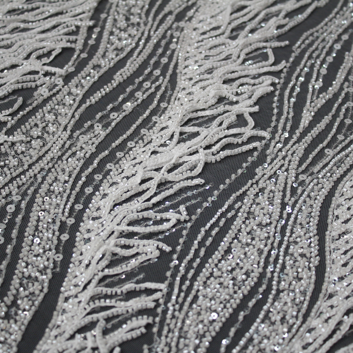 Haute Couture Tulle | All-Over Embroidered Tulle with Abstract Wavy Diagonal Bands, Sequins & Seed Bead Fringes | TRW4071