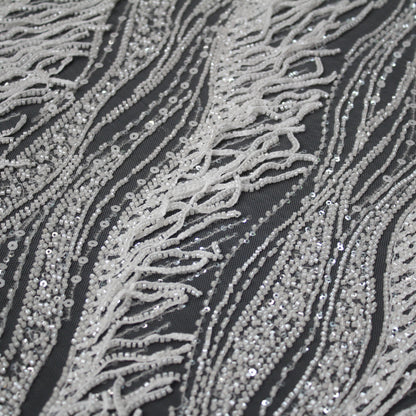 Haute Couture Tulle | All-Over Embroidered Tulle with Abstract Wavy Diagonal Bands, Sequins & Seed Bead Fringes | TRW4071