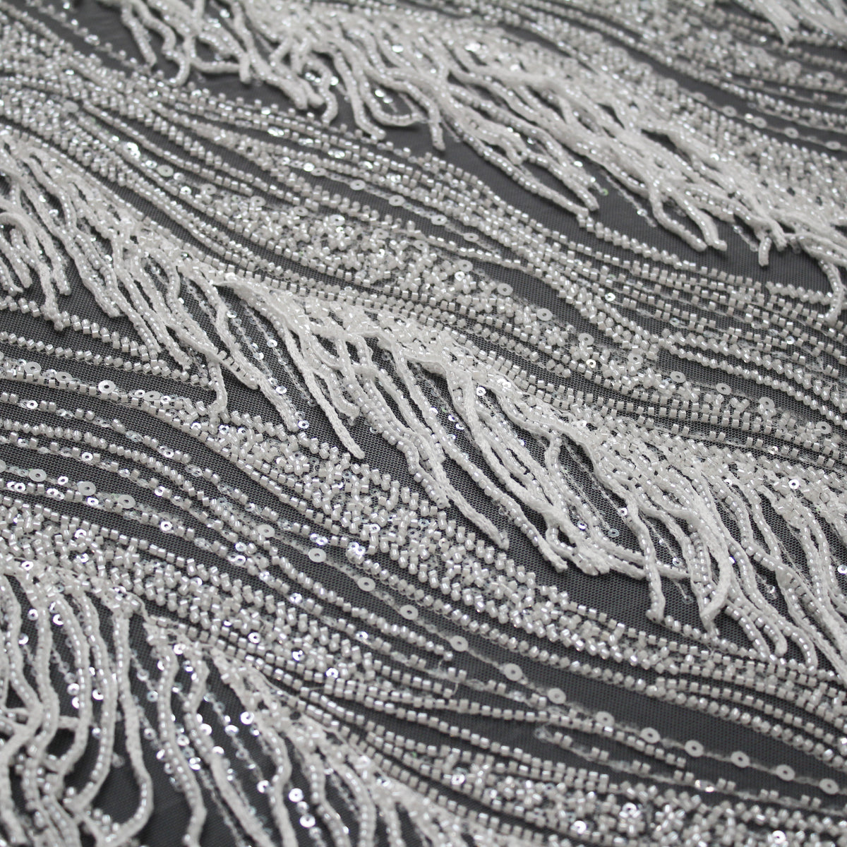 Haute Couture Tulle | All-Over Embroidered Tulle with Abstract Wavy Diagonal Bands, Sequins & Seed Bead Fringes | TRW4071