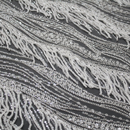 Haute Couture Tulle | All-Over Embroidered Tulle with Abstract Wavy Diagonal Bands, Sequins & Seed Bead Fringes | TRW4071