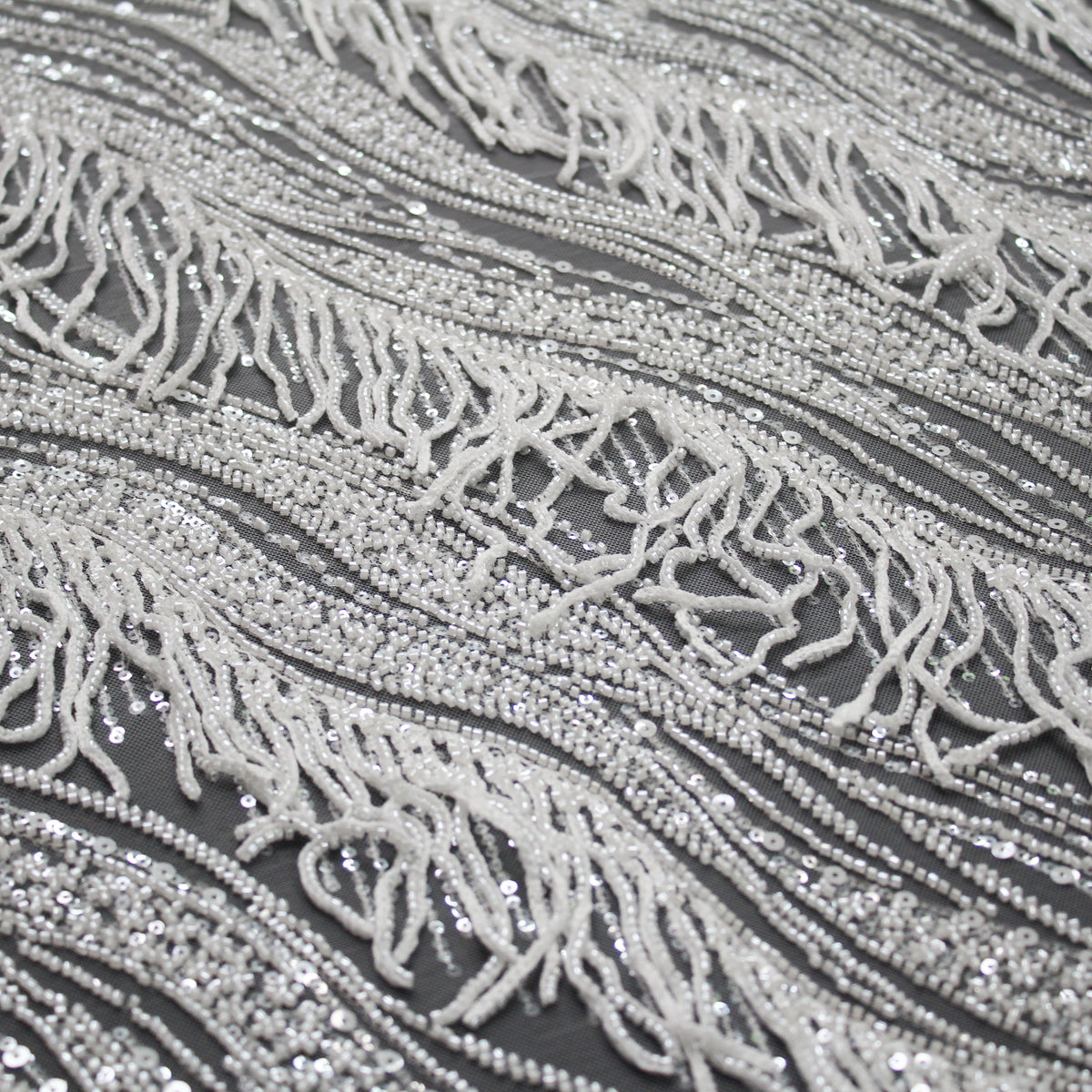 Haute Couture Tulle | All-Over Embroidered Tulle with Abstract Wavy Diagonal Bands, Sequins & Seed Bead Fringes | TRW4071