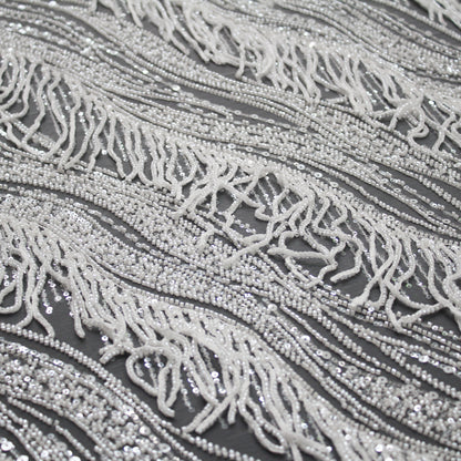 Haute Couture Tulle | All-Over Embroidered Tulle with Abstract Wavy Diagonal Bands, Sequins & Seed Bead Fringes | TRW4071