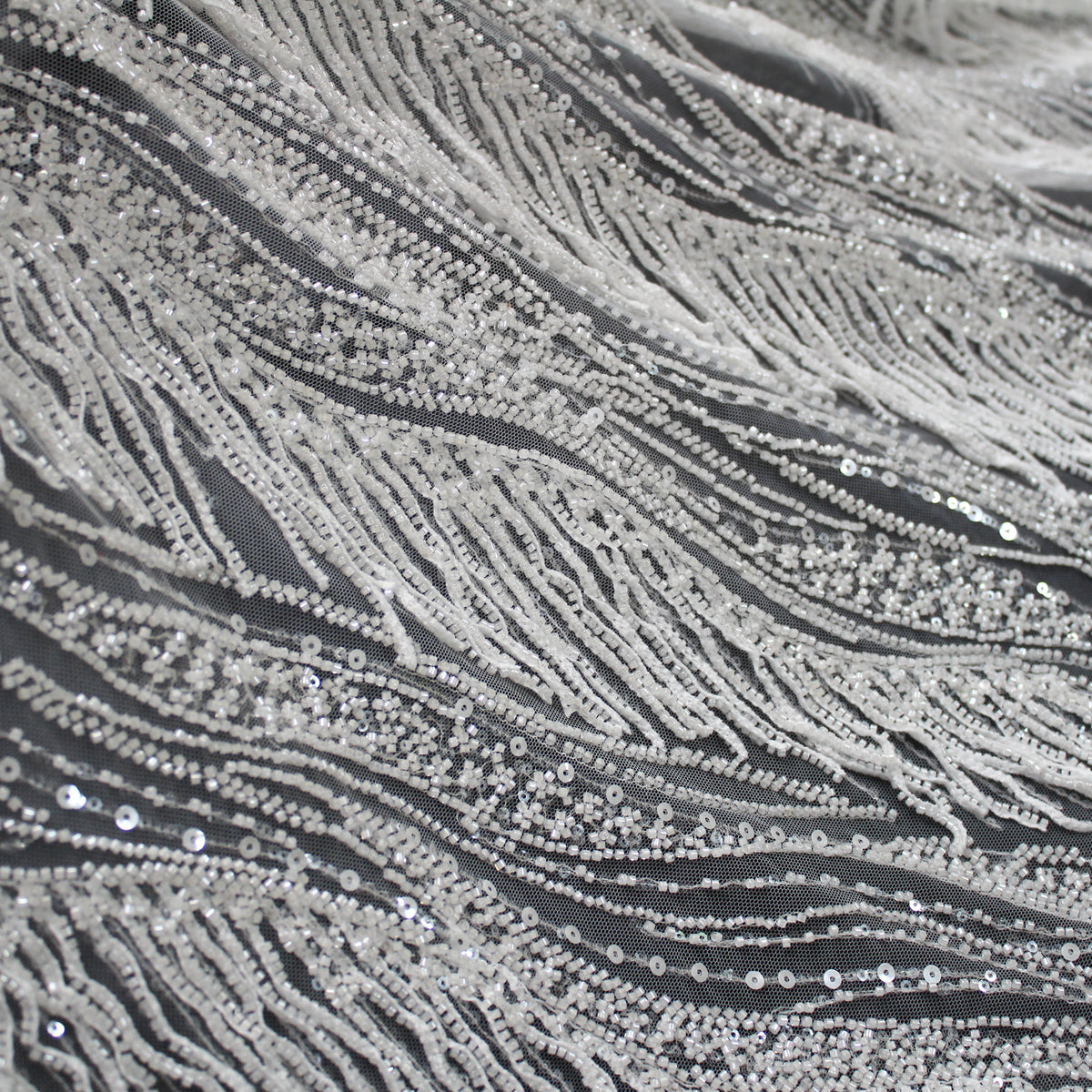 Haute Couture Tulle | All-Over Embroidered Tulle with Abstract Wavy Diagonal Bands, Sequins & Seed Bead Fringes | TRW4071