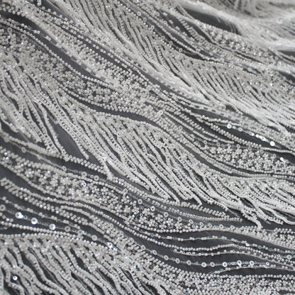 Haute Couture Tulle | All-Over Embroidered Tulle with Abstract Wavy Diagonal Bands, Sequins & Seed Bead Fringes | TRW4071