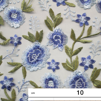 Tulle Ricamato Celeste con Fiori in Lurex
