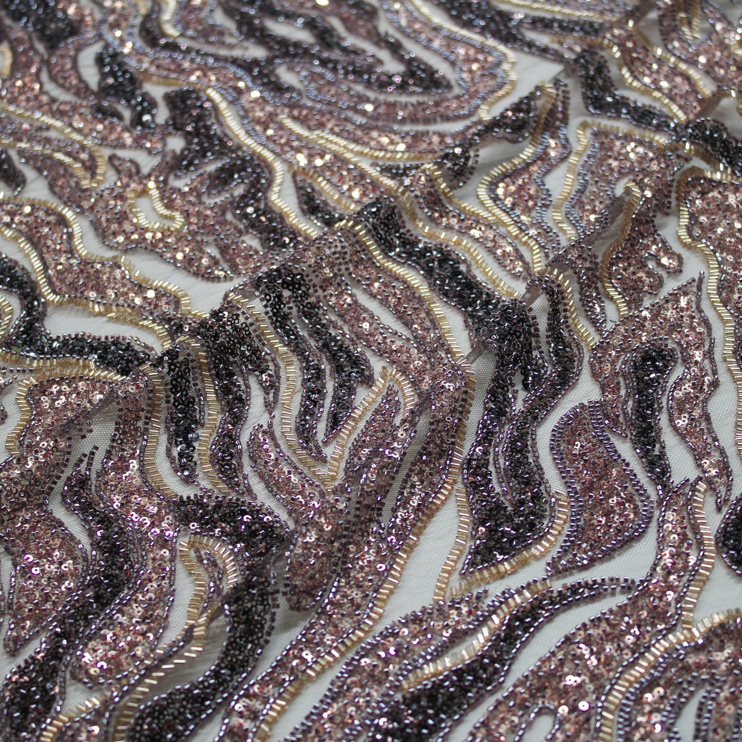Tulle Ricamato con Coralli, Paillettes e Cannette | Motivo Astratto "Zebra Skin"