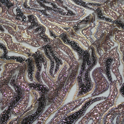 Tulle Ricamato con Coralli, Paillettes e Cannette | Motivo Astratto "Zebra Skin"