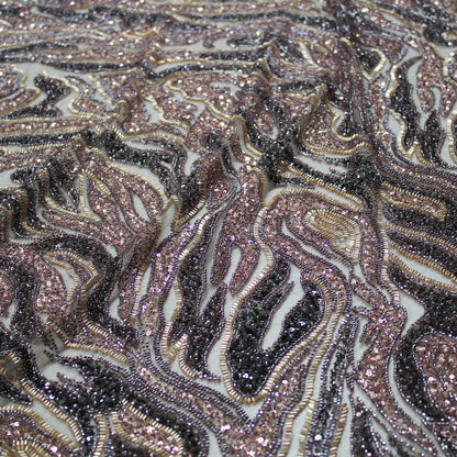 Tulle Ricamato con Coralli, Paillettes e Cannette | Motivo Astratto "Zebra Skin"