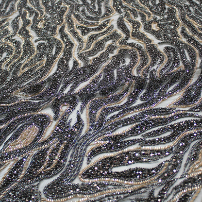 Tulle Ricamato con Coralli, Paillettes e Cannette | Motivo Astratto "Zebra Skin"