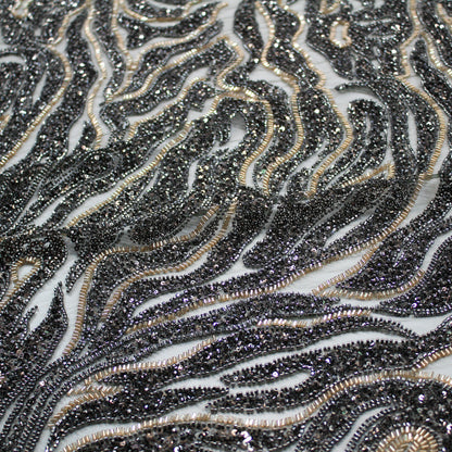 Tulle Ricamato con Coralli, Paillettes e Cannette | Motivo Astratto "Zebra Skin"