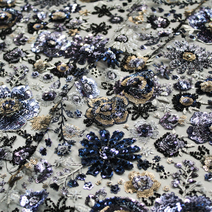 Tulle Alta Moda con Ricamo Floreale Multiforme, Paillettes, Perline e Coralli