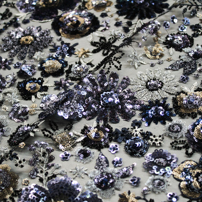 Tulle Alta Moda con Ricamo Floreale Multiforme, Paillettes, Perline e Coralli