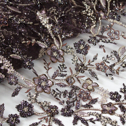 Tulle Ricamato con Motivo Floreale, Coralli e Paillettes