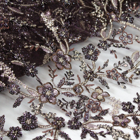 Tulle Ricamato con Motivo Floreale, Coralli e Paillettes