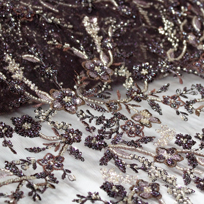 Tulle Ricamato con Motivo Floreale, Coralli e Paillettes