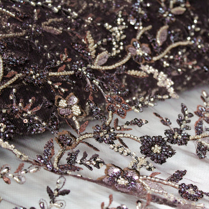 Tulle Ricamato con Motivo Floreale, Coralli e Paillettes