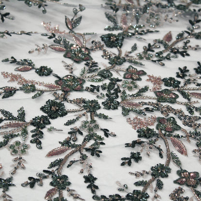 Tulle Ricamato con Motivo Floreale, Coralli e Paillettes