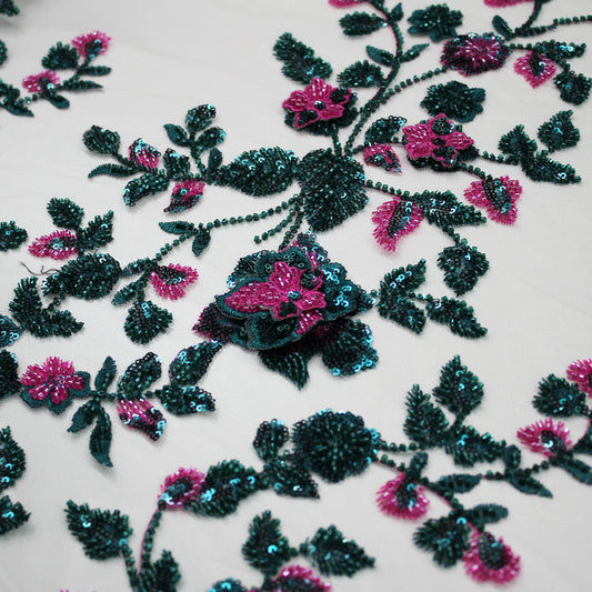 Embroidered Tulle with 3D Floral Ombre, Paillettes, and Corals