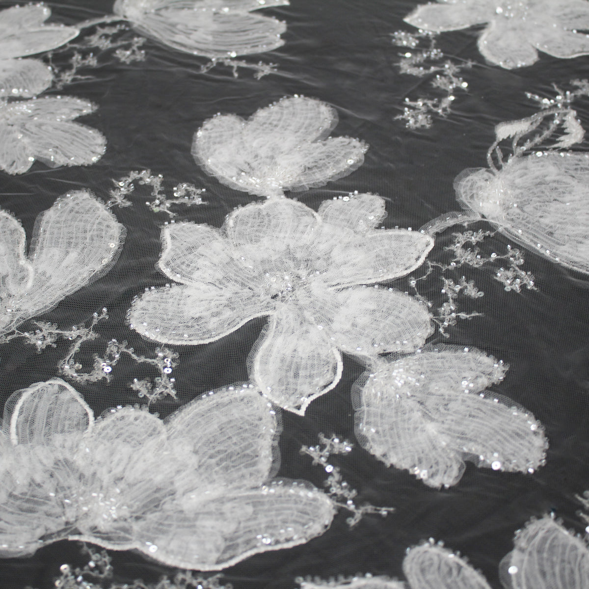 Haute Couture Tulle | Dégradé Embroidered Tulle with Floral Motifs, 3D Tulle Flowers, Seed Beads & Sequins | TRW4092