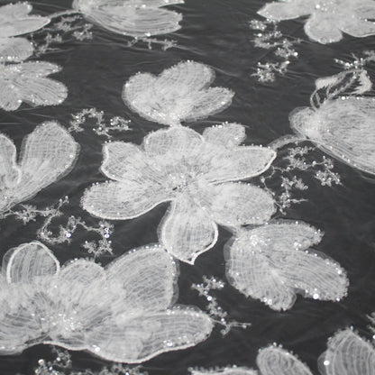 Haute Couture Tulle | Dégradé Embroidered Tulle with Floral Motifs, 3D Tulle Flowers, Seed Beads & Sequins | TRW4092