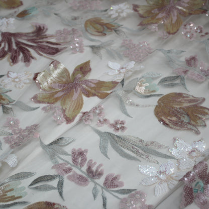 Tulle Ricamato a Filo con Motivo Floreale e Paillettes Multicolor