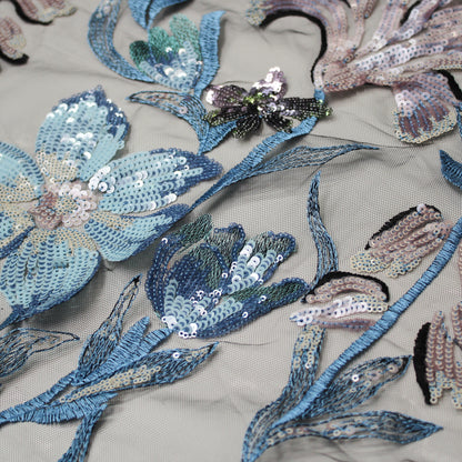 Tulle Ricamato a Filo con Motivo Floreale e Paillettes Multicolor
