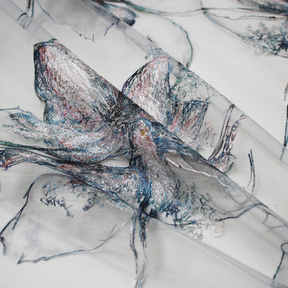 Tulle Ricamato a Filo con Fiori Grandi