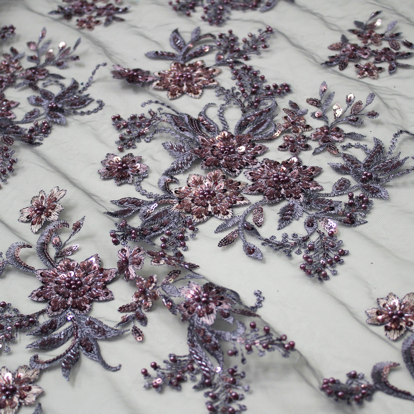 Embroidered Tulle with Star Flowers, Paillettes, Corals, and Beads