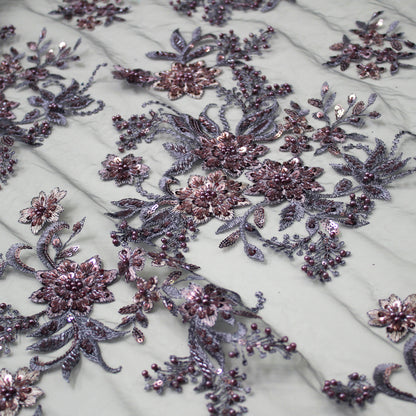 Embroidered Tulle with Star Flowers, Paillettes, Corals, and Beads
