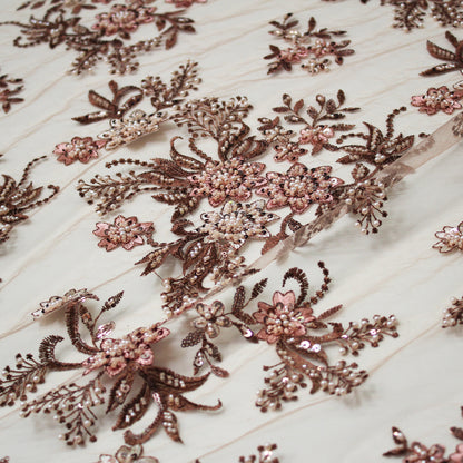 Embroidered Tulle with Star Flowers, Paillettes, Corals, and Beads
