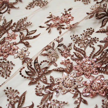 Embroidered Tulle with Star Flowers, Paillettes, Corals, and Beads