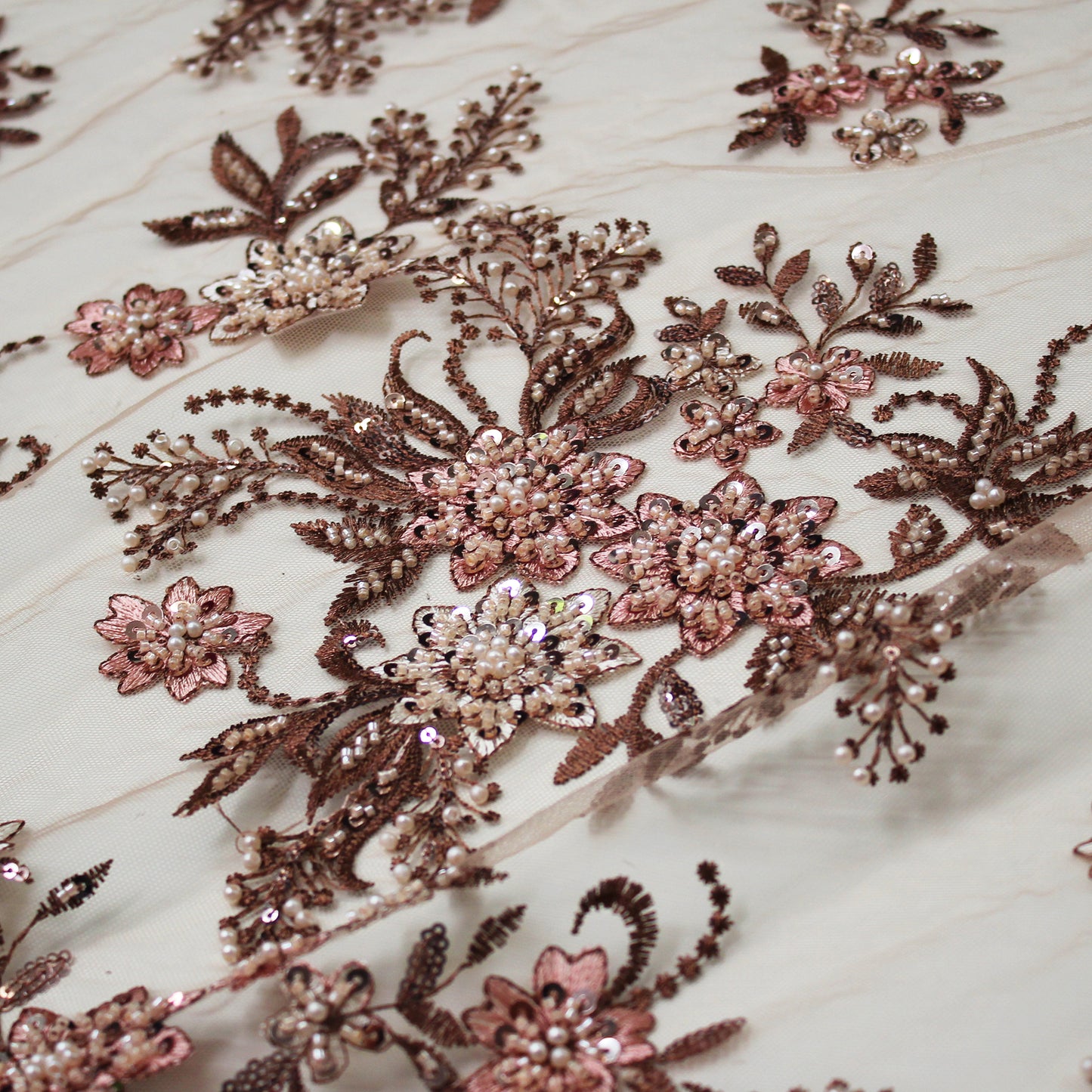 Embroidered Tulle with Star Flowers, Paillettes, Corals, and Beads