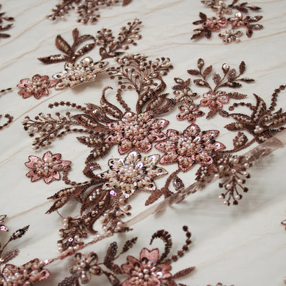 Embroidered Tulle with Star Flowers, Paillettes, Corals, and Beads