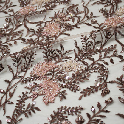 Embroidered Tulle with Fan Flowers, Paillettes, Corals, and Beads
