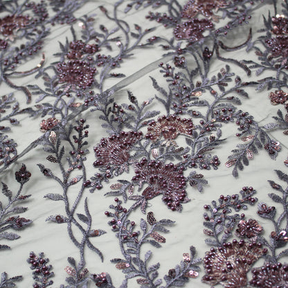 Embroidered Tulle with Fan Flowers, Paillettes, Corals, and Beads