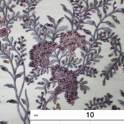 Embroidered Tulle with Fan Flowers, Paillettes, Corals, and Beads