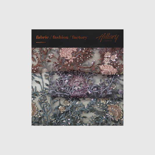 Embroidered Tulle with Fan Flowers, Paillettes, Corals, and Beads Sample
