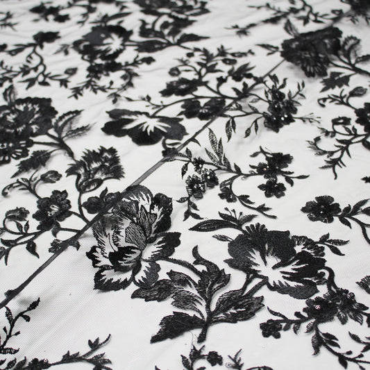 Embroidered Tulle with Shiny Thread and Sequin Flowers