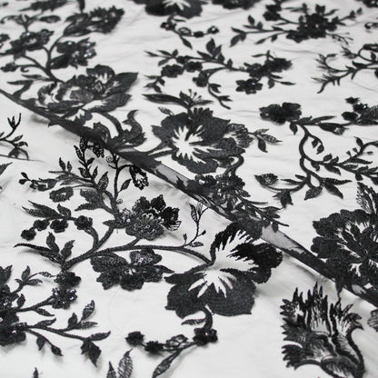 Embroidered Tulle with Shiny Thread and Sequin Flowers