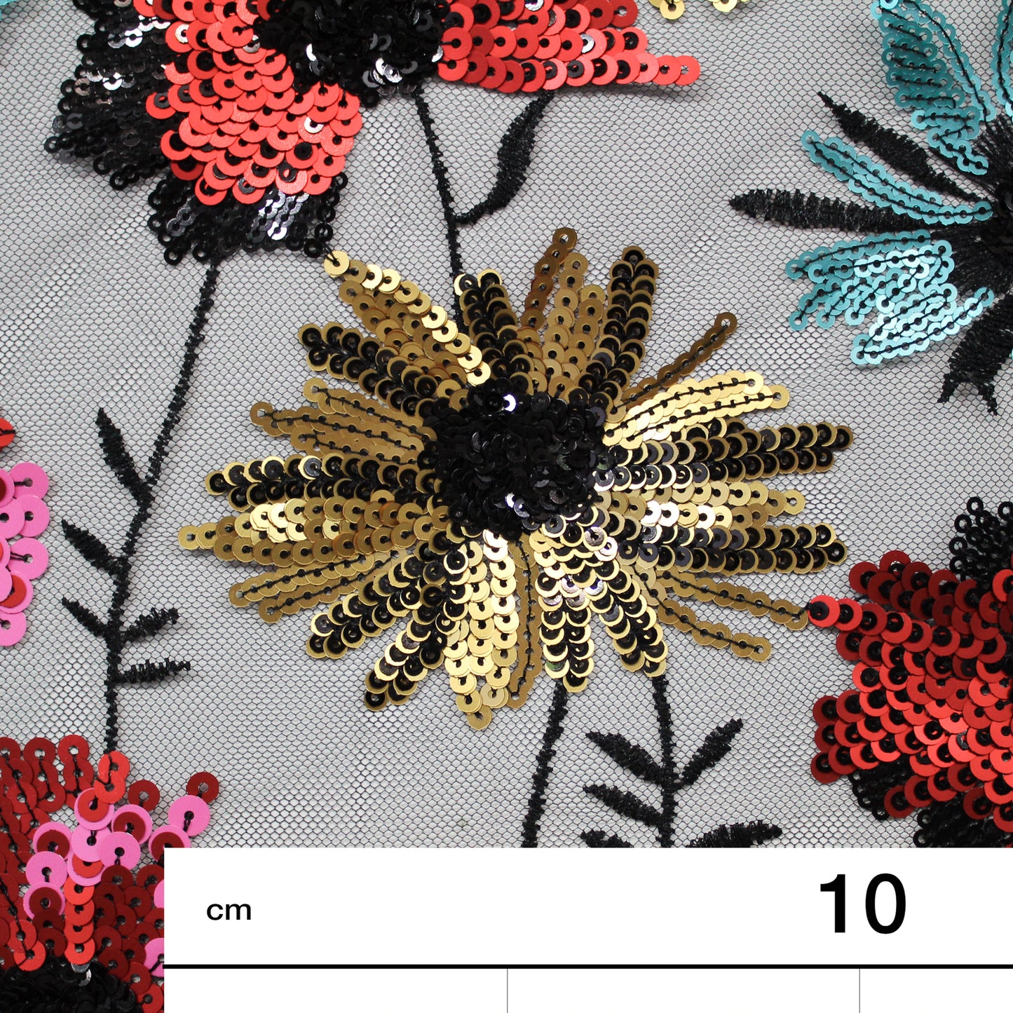 Tulle Ricamato a Filo Nero | Prato di Fiori Celesti, Fucsia e Gialli
