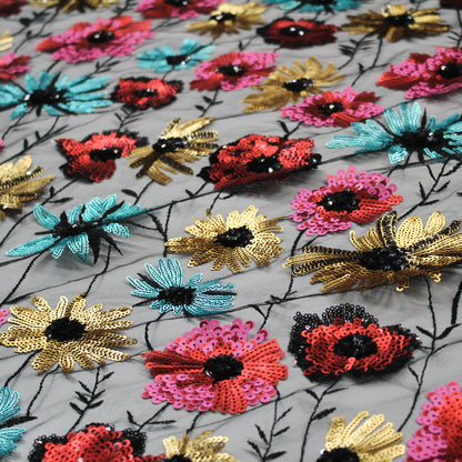 Tulle Ricamato a Filo Nero | Prato di Fiori Celesti, Fucsia e Gialli