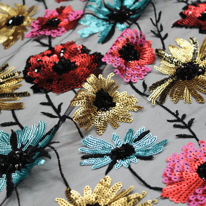 Tulle Ricamato a Filo Nero | Prato di Fiori Celesti, Fucsia e Gialli