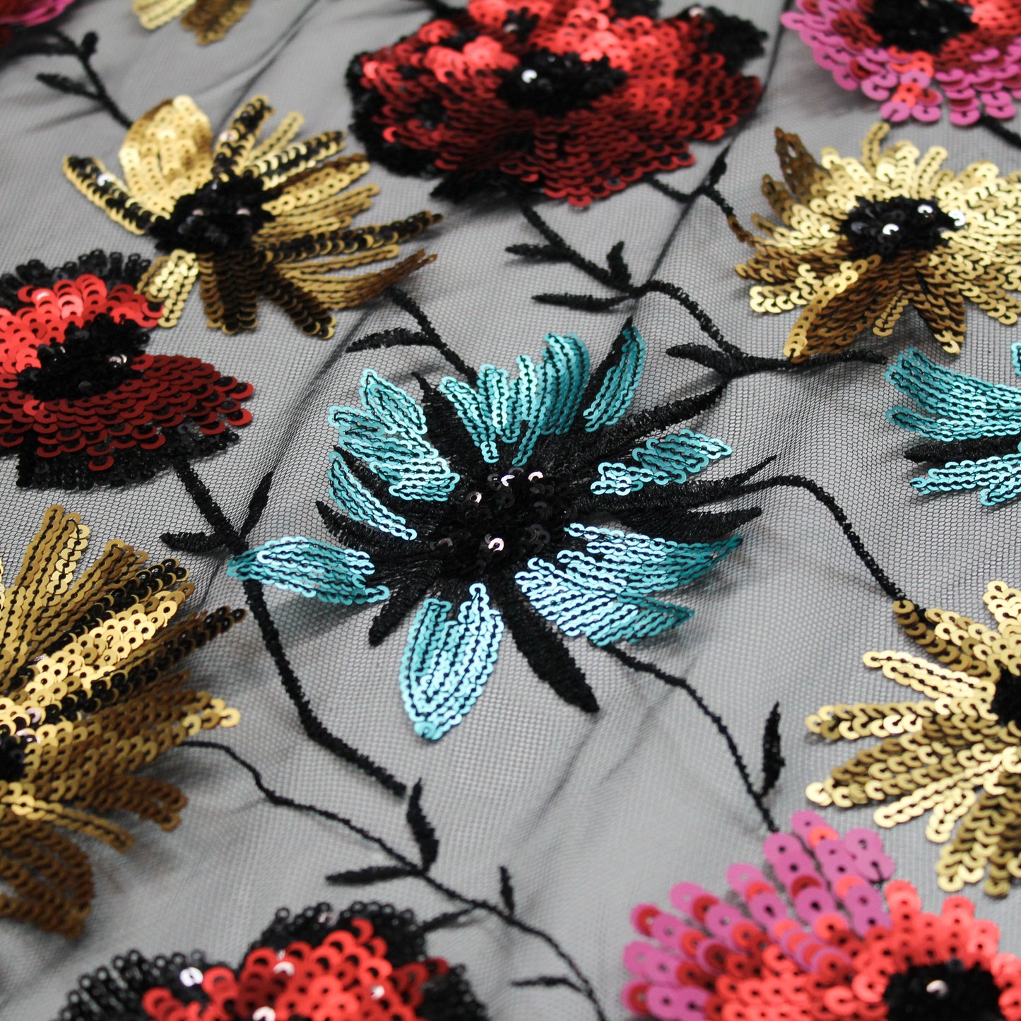 Tulle Ricamato a Filo Nero | Prato di Fiori Celesti, Fucsia e Gialli