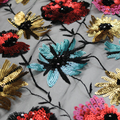 Tulle Ricamato a Filo Nero | Prato di Fiori Celesti, Fucsia e Gialli