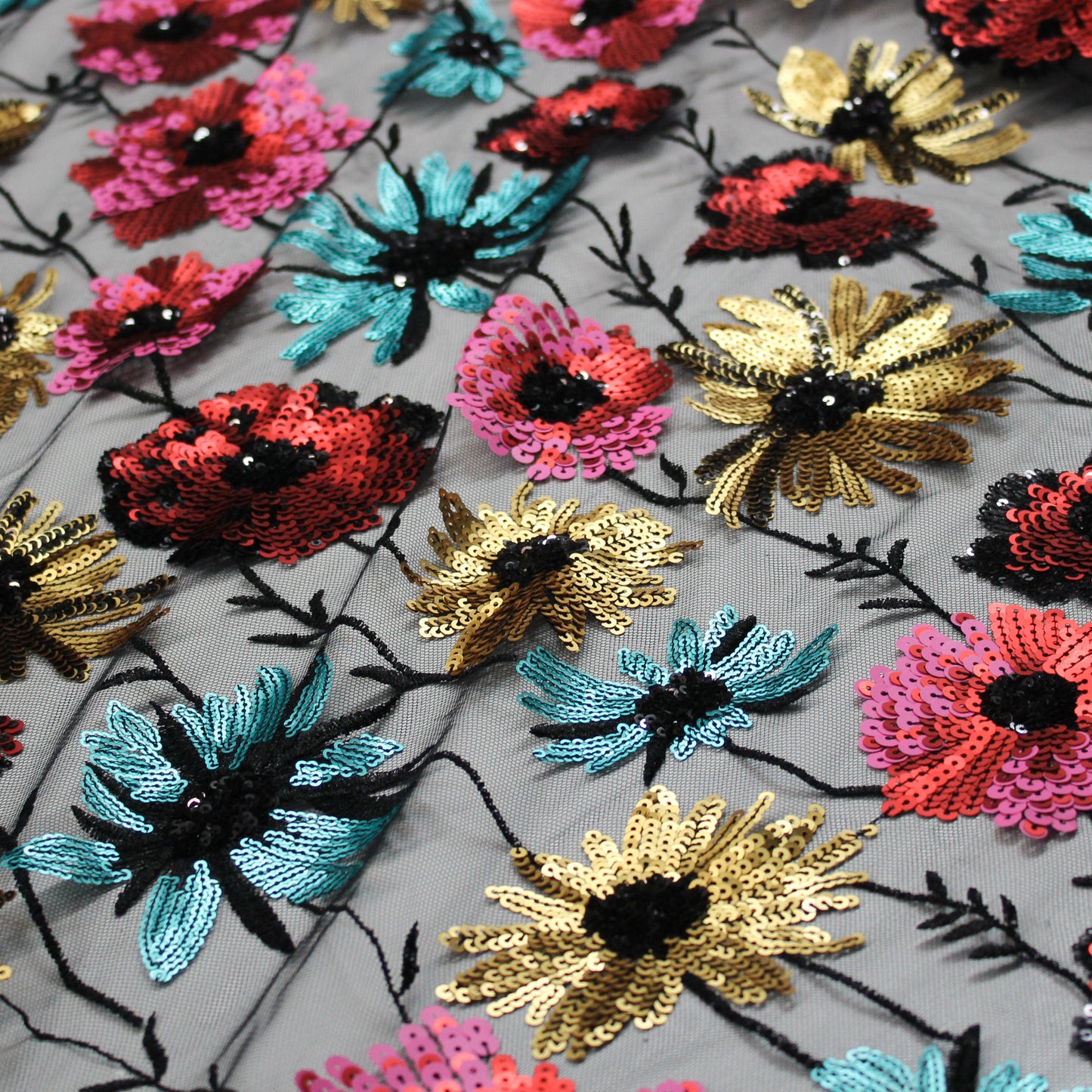 Tulle Ricamato a Filo Nero | Prato di Fiori Celesti, Fucsia e Gialli