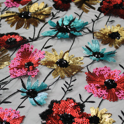 Tulle Ricamato a Filo Nero | Prato di Fiori Celesti, Fucsia e Gialli