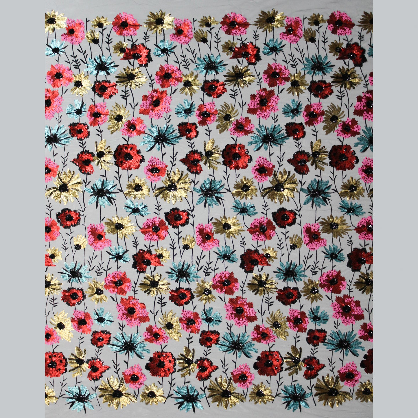 Tulle Ricamato a Filo Nero | Prato di Fiori Celesti, Fucsia e Gialli