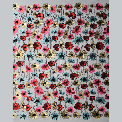 Tulle Ricamato a Filo Nero | Prato di Fiori Celesti, Fucsia e Gialli