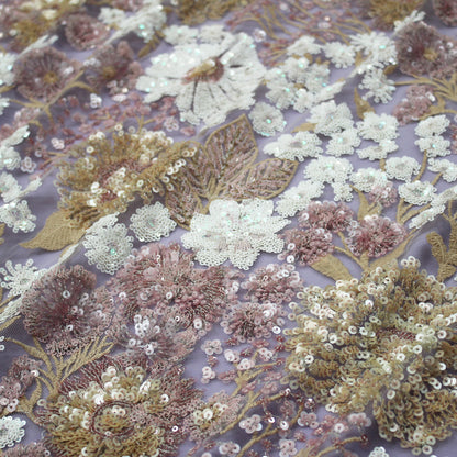 Tulle Ricamato a Filo e Paillettes con Fiori